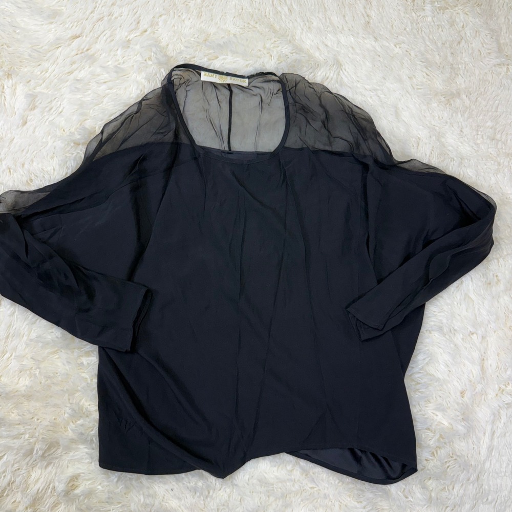 Ramy Brook Silk Blouse Womens S Black Sheer Sleeve Elegant Chic Designer
